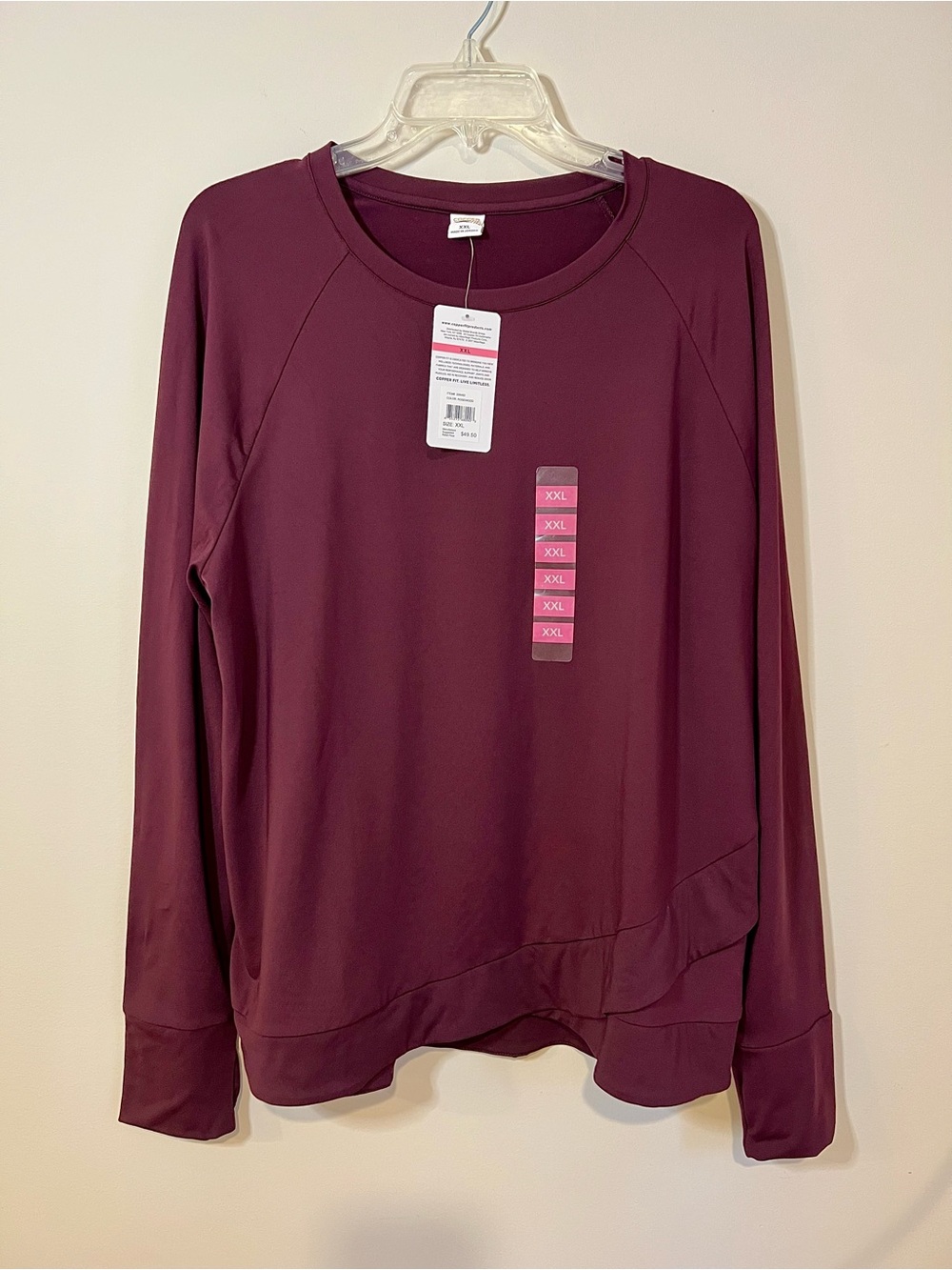 NWT Copper Fit Burgundy/Dark Plum stretchy cross front pullover long sleeved top